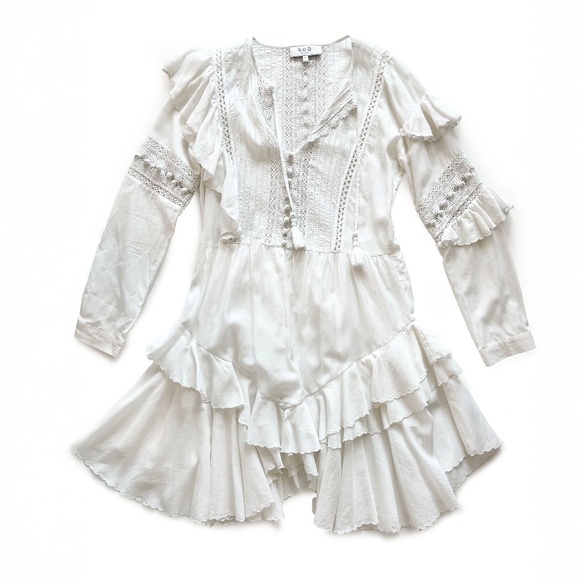 Sea New York Dresses & Skirts - Sea New York Tie Neck Mini Dress White Size 4 Ruffle, Pom-Pom & Tassel Accents